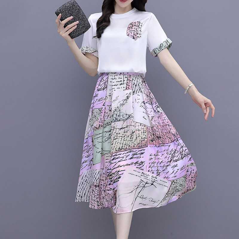 

Women's Fashion Two Piece Set Summer Casual White Short Sleeve T-Shirt + High Waist Chiffon Print Long Skirt Suit 210526, Photo color
