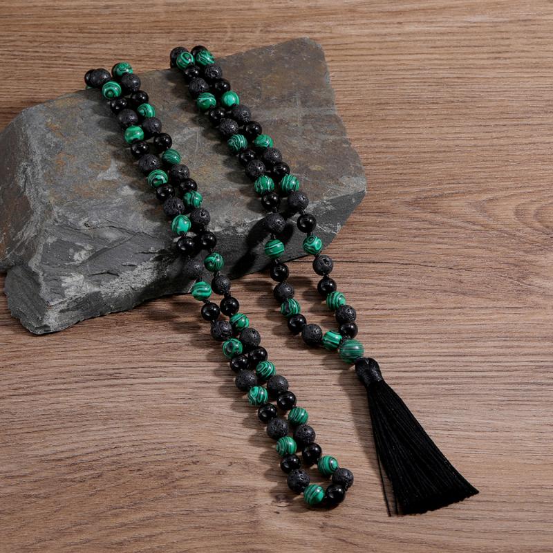 

Pendant Necklaces Malachite & Black Onyx Volcanic Stone 108 Mala Beads Knotted Long Necklace Women Charm Fashion Tassel Jewelry Friendship G