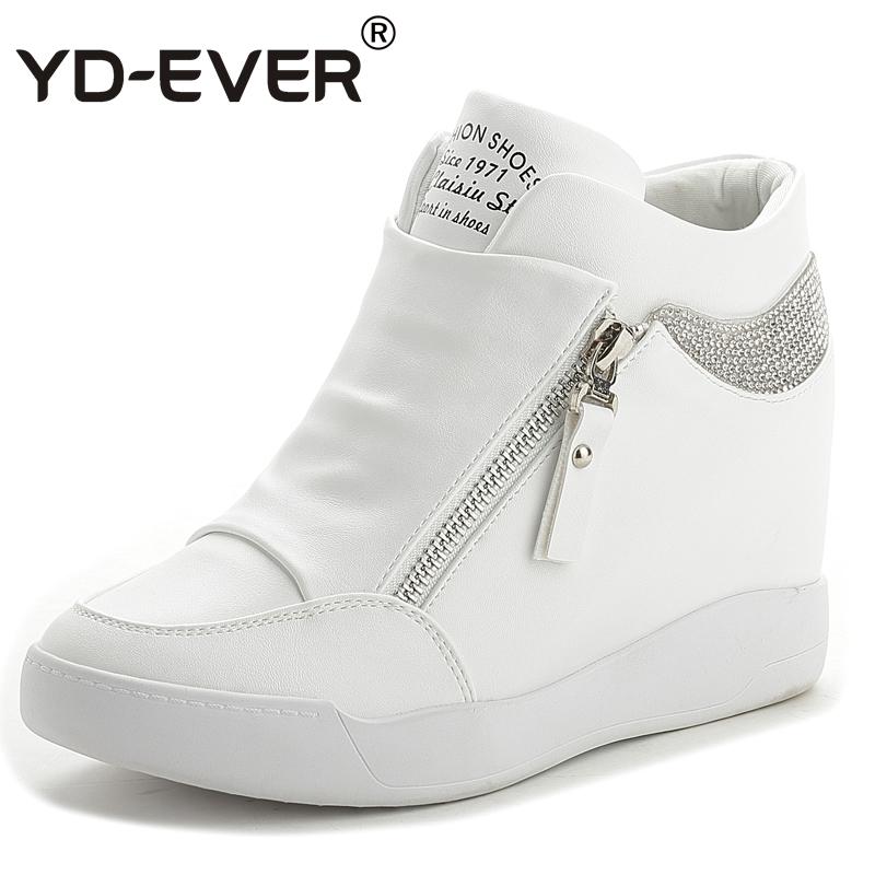 

YD-EVER leather women Casual Shoes platform wedge shoes height increasing zipper sneakers black white diamond shiny
