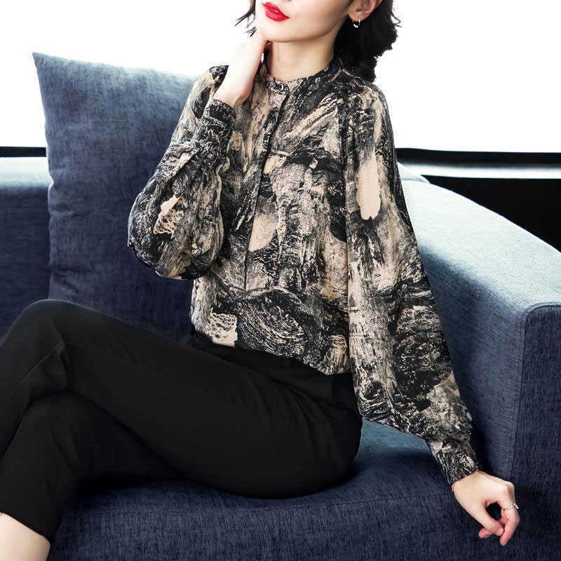 

Spring Fashion Women Shirt Plus Size Loose Lantern Sleeve Chiffon Blouse Vintage ink painting Shirts Ladies Tops Clothes D80 210608, Picture color