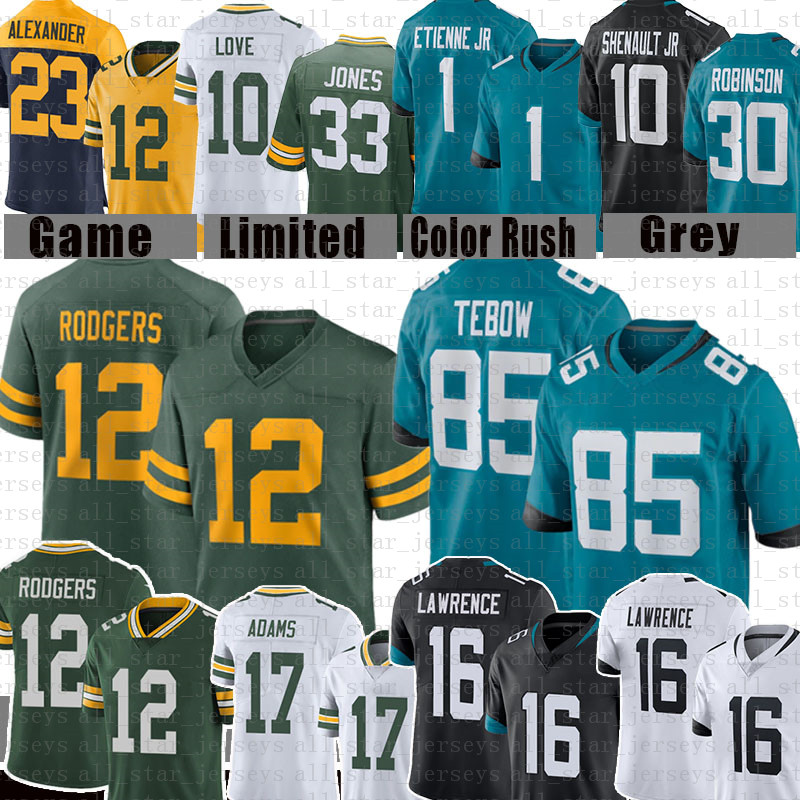 

Aaron Rodgers Jones Tim Tebow Trevor Lawrence Football Jersey Green Davante Adams Packer 1 Travis Etienne Love BayJacksonvilleJaguarsAllen Robinson II, Mens jersey (baozhuanggong)