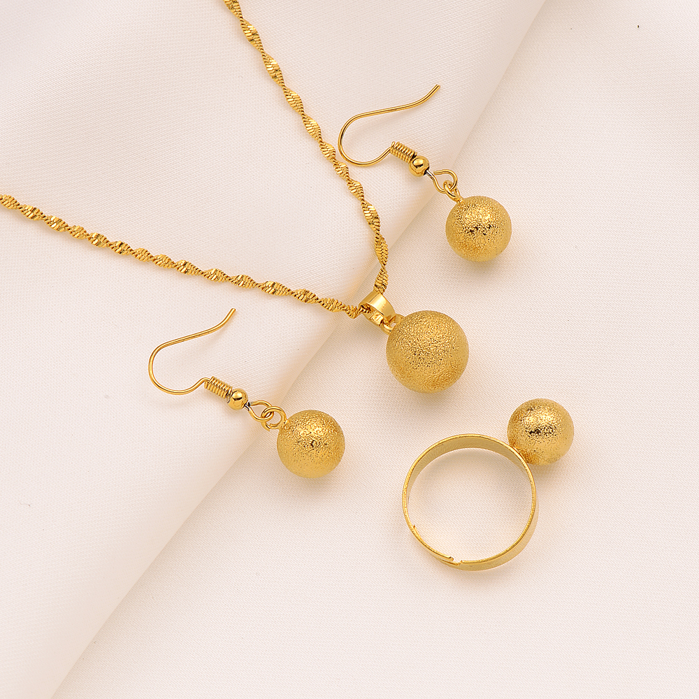 Pendant Necklace Earrings Fashion Retro Matte Ball Charm Jewelry Sets FINELY WORKED BRIGHT MADE IN ITALY 9k 18ct Fine G/F Gold-image-737900359
