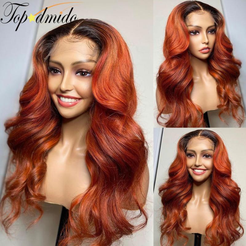 

Lace Wigs Topodmido Orange Ginger Color 13x6 Front With Baby Hair Brazilian Human Wig 180% Density Remy Glueless, Black;brown