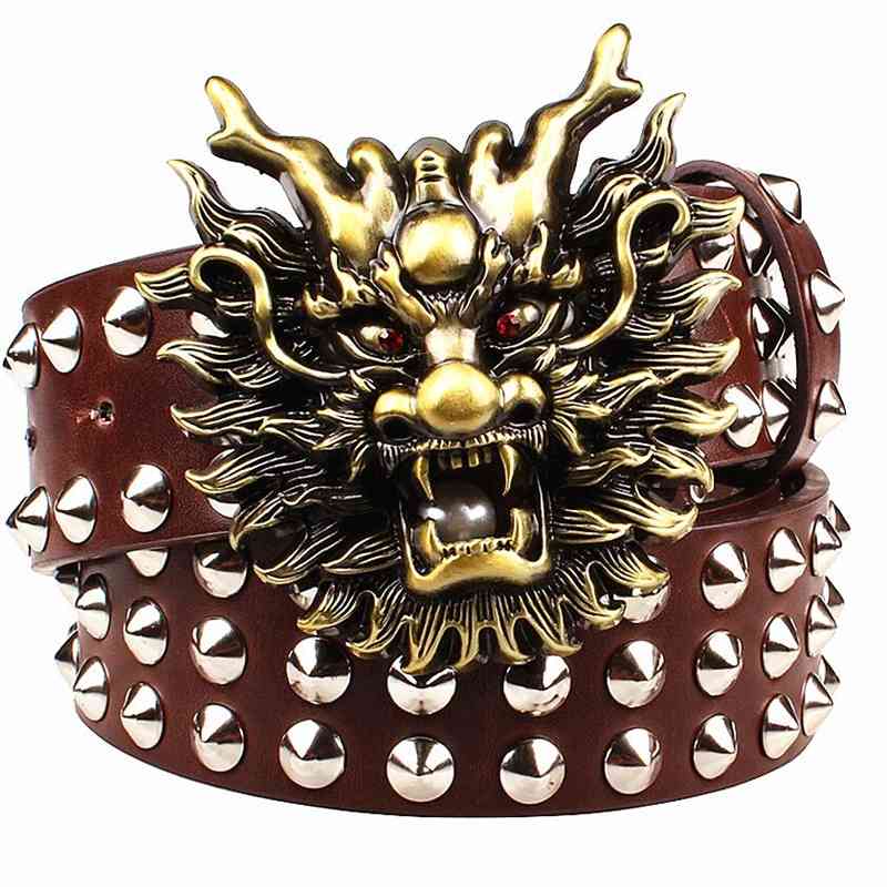 

Designer belts 2023 Fashion big rivet buckle men's s cartoon animal golden dragon head heavy metal style belt punk rock performance