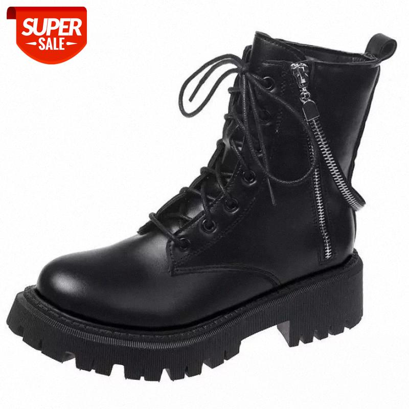 

2020 Genuine Leather Boots Women Ankle Boots Platform Thick Short Ladies Combat Cross-tied Square Heel Calzado Mujer #Im20