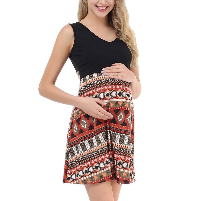 

Maternity Dresses Women's Nursing Pregnanty V-Neck Sleeveless Splicing Print Dress Vetement Femme Ropa De Mujer, White