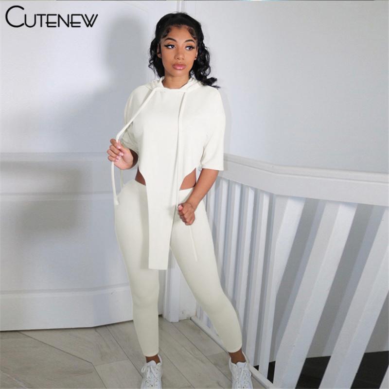 

Women's Two Piece Pants Cute Summer 2 Set Women Clothes Fitness Casual Hoodie Long T-Shirt+Body-Shaping Leggings Stretchy Activity Lady Outf, White