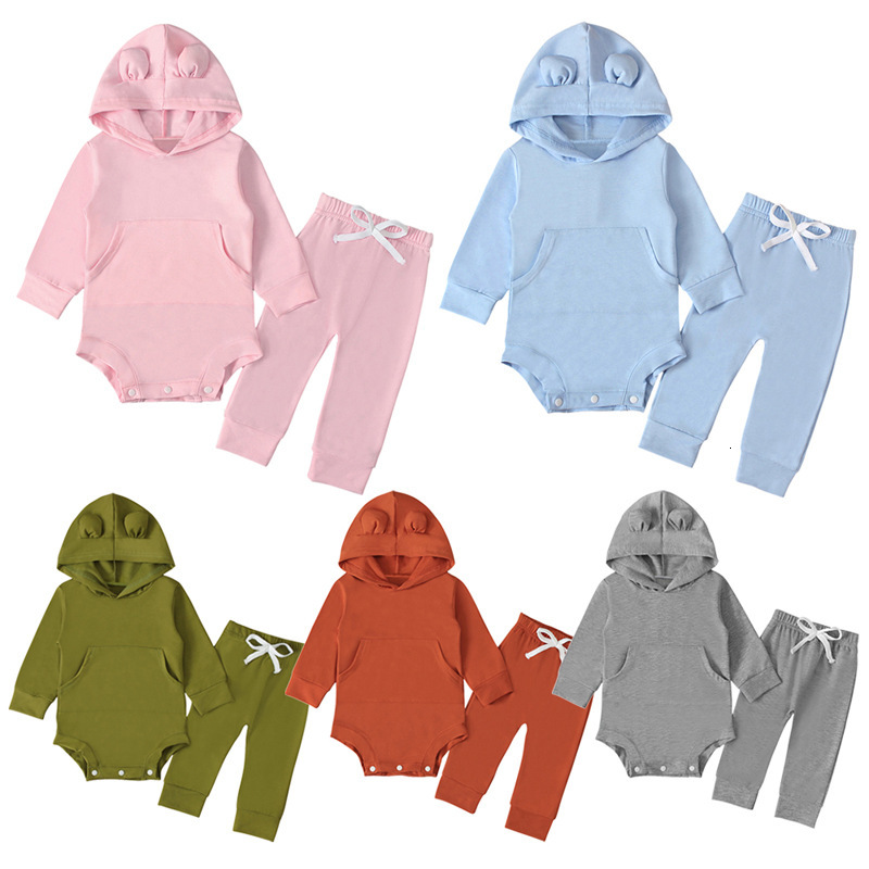 

New 2021 Spring Baby Clothes Set 2pcs Infant Toddler Boys Girls Hoodie Bodysuit+pants Fashion Solid Babywear Eac9, Sky blue