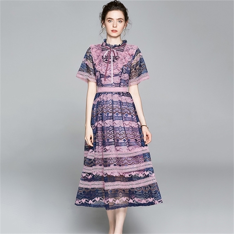 

High Quality Summer Elegant Dress Women Short Sleeve Slim Waist Lace Ladies Office es Party Vestidos 210603, Picture color