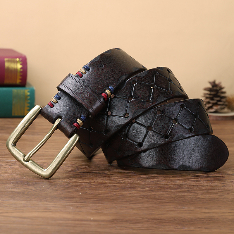 

2021 New Male Genuine Leather Strap Luxury Copper Pin Buckle Casual Men Belt Ancy Vintage High Quality Dfje, Black