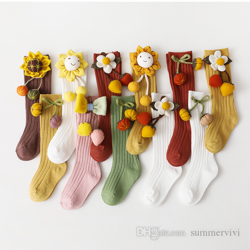 

INS Stereo flowers applique baby girls sock sweet toddler kids Bows princess socks autumn newborn vertical stirpe cotton knitted legs Q0534, Pink strawberry bows