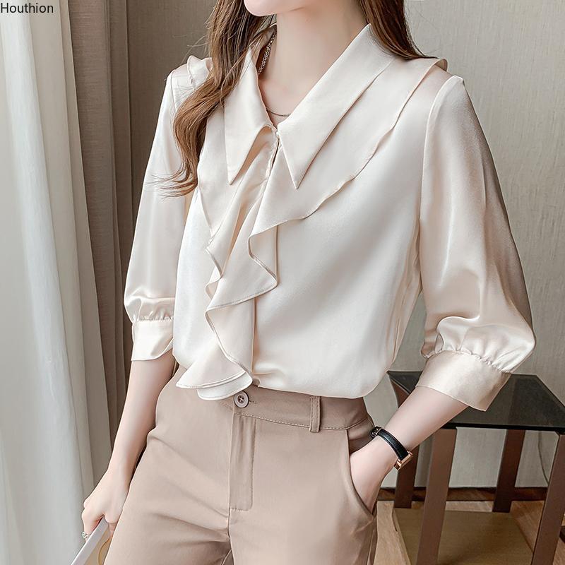 

Women' Blouses & Shirts Houthion Blouse Chiffon Top 3/4 Sleeve Doll Collar Shirt Korean Casual Fashion 2021 Ruffle Pure Color Stitching, Apricot