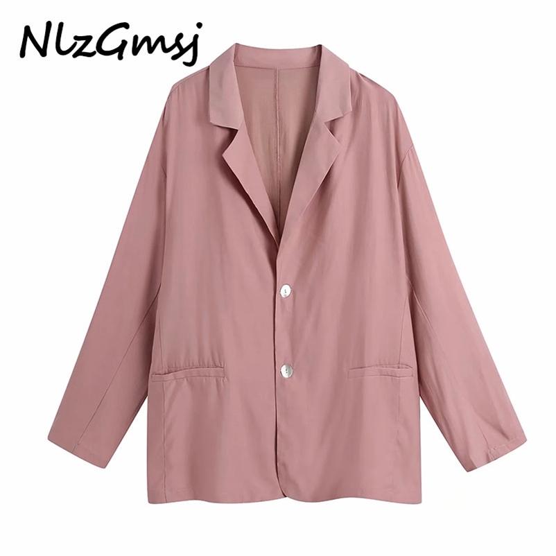 

Blouse Women Single Breasted Blazer Coat Vintage Long Sleeve Pockets Loose Female Outerwear Chic Tops 03 210628, As picture
