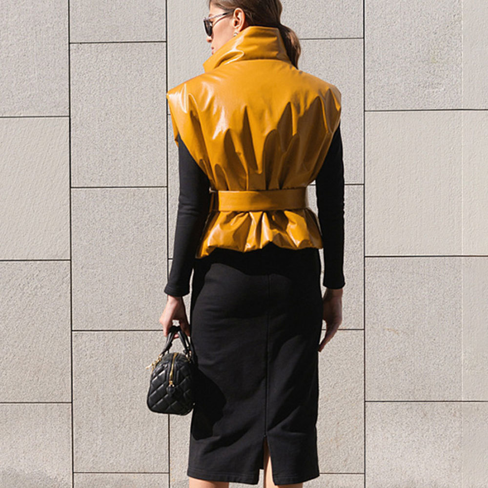 

2021 New Faux Pu Leather Sleeveless Women' Vest Coat Stand Collar Female Vests with Belt Sashes All-match Er Jacket Outwear 0xcz, Yellow
