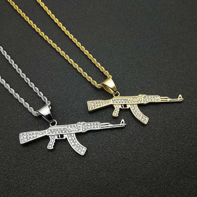 

Pendant Necklaces Hip Hop Rhinestone Paved Bling Iced Out Stainless Steel CS GO CSGO GUN Pendants Necklace For Men Rapper Jewelry, Silver