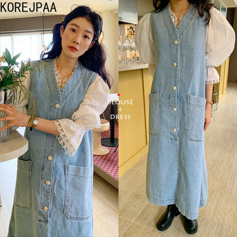 

Korejpaa Women Dress Sets Korean Versatile Lace Flared Sleeve Shirt and Single Breasted Loose Pocket Denim Vest Skirt Suit 210526
