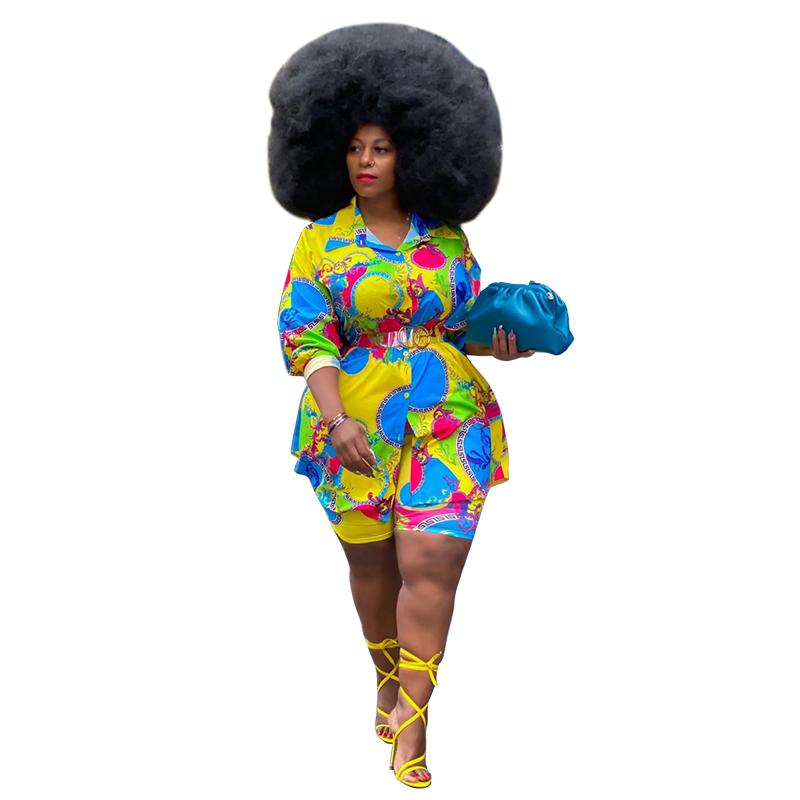 

Women's Tracksuits Fashionable Casual Plus Size Clothing Lapel Colorful Digital Printing Fashion Sexy Two-piece Suit, Yellow