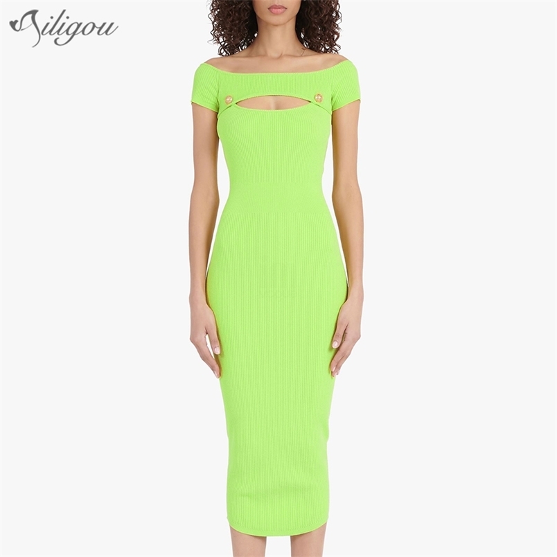 

Summer Strapless Short Sleeve Bandage Dress Ladies Calf Long Skinny Sexy Celebrity Party Vestido 210525, Fluorescent green