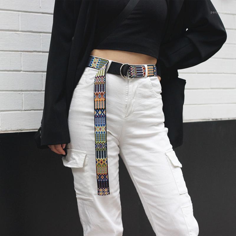 

Belts Metal Double Circle Women Canvas Belt Fashion Cashew Flowers Pattern Design Unisex Fabric Waist Strap Female Jeans Waistband, Black;brown