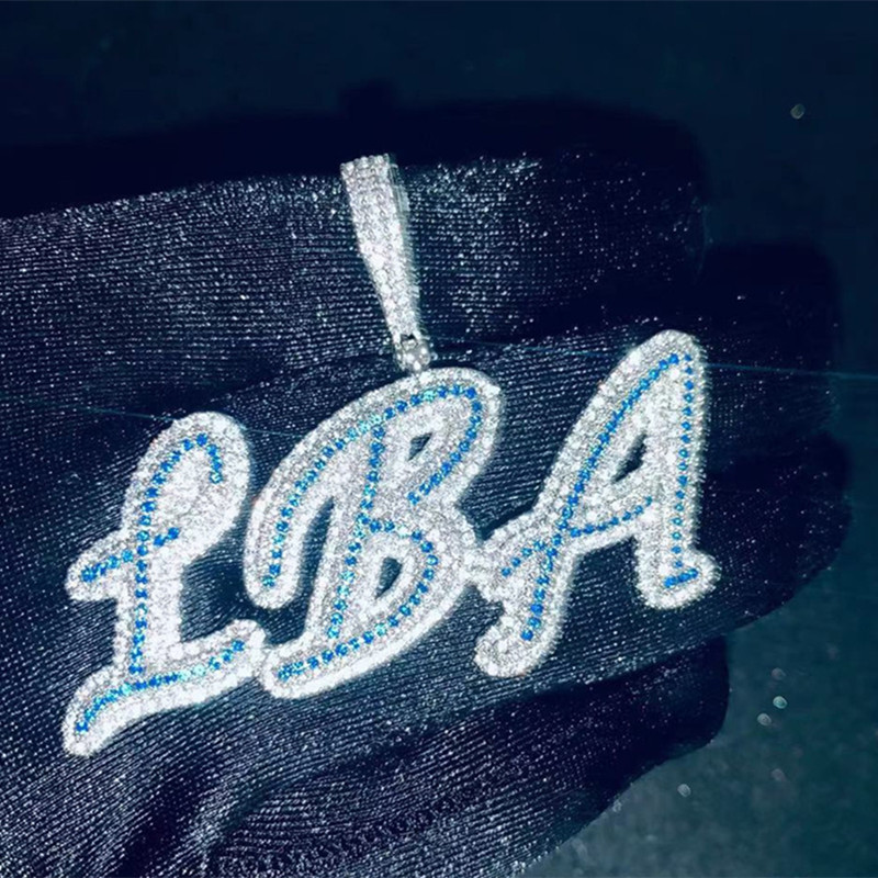 

New Trendy Gold Plated Bling Ice Out CZ DIY Custom Name Cursive Letter Pendant Necklace with3mm 24inch Rope Chain for Men Women Gift, Silver