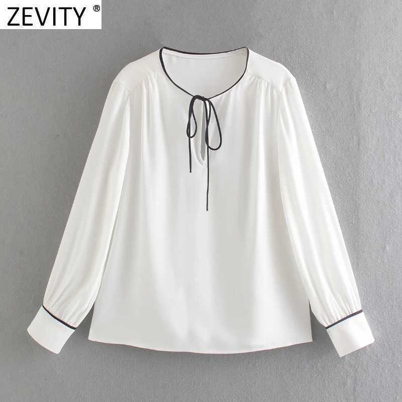 

Zevity Women Sweet Black Edge White Chiffon Smock Blouse Female Pleats Long Sleeve Kimono Shirt Chic Blusas Tops LS7654 210603, As pic ls7654cc