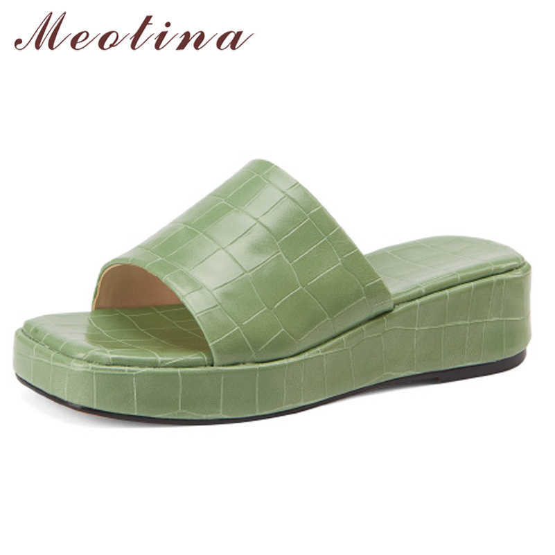 

Meotina Women Slippers Shoes Wedges Med Heel Sandals Square Toe Lady Footwear Summer Green Yellow Fashion Slides Shoes 210608, Beige