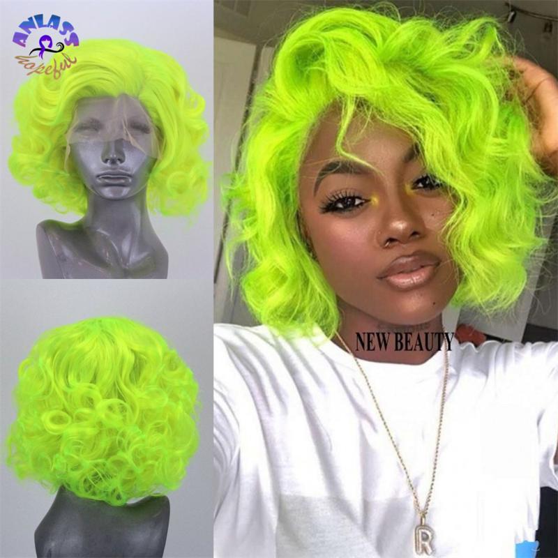 

Synthetic Wigs Perruque Synthétique Green Color Bob Wig Deep Wave Short Lace Front Heat Resistant Hair For Black/White Women, As pic