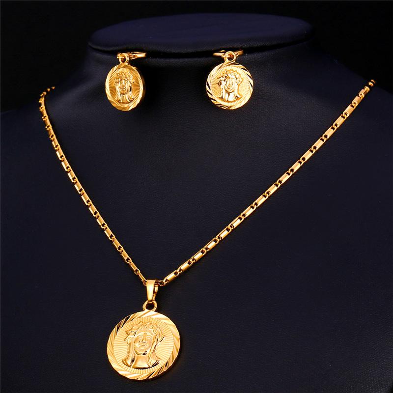 

Earrings & Necklace Kpop Gold/Silver Color Pendant Earring With Round Coin Gift For Women Classical Charm Jewelry Set PE296, As pic