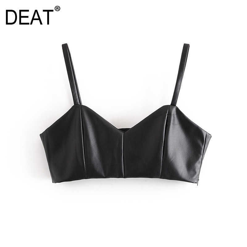 

[DEAT] Women Fashion Sexy PU Leather Elasticity Cropped Tank Top V-neck Black Side Zipper Wide Straps Female Tops 210527