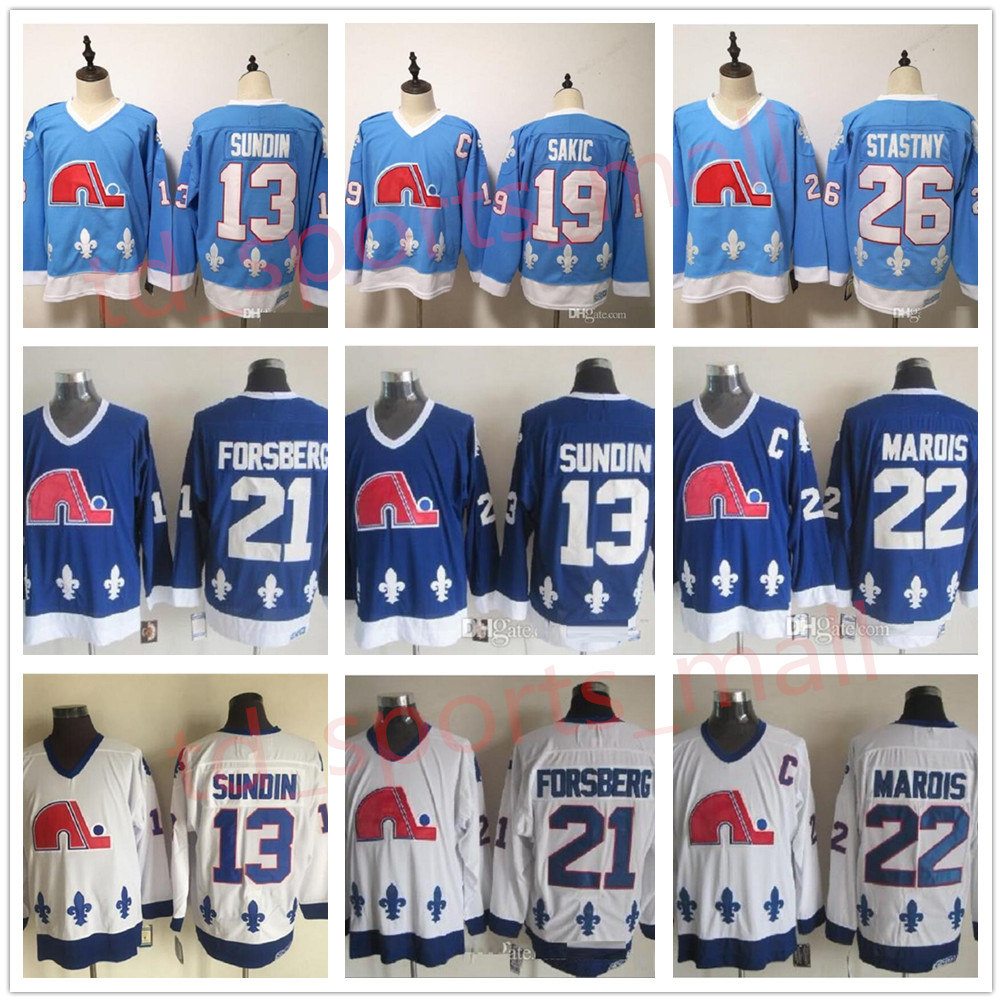 

Vintage Quebec Nordiques 10 Guy Lafleur 21 Peter Forsberg 13 Mats Sundin 19 Joe Sakic 26 Peter Stastny White Baby Blue Ice Hockey Jerseys, As shown in illustration