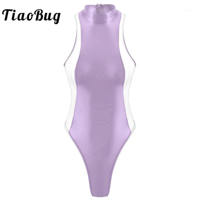 

Summer Women's Smooth Silky Color Block Mock Neck High Cut Zipper Back Sleeveless Casual Leotard Skinny Bodysuit Sexy Nightwear Jumpsuits &, Red