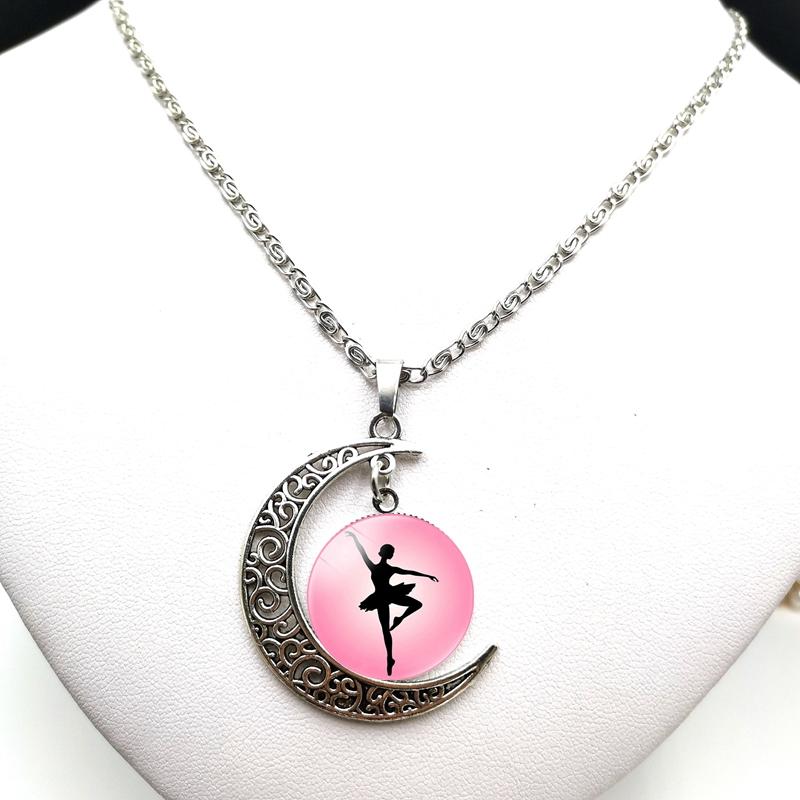 

Pendant Necklaces 2021 Fashion Creative Ballet Dance Cabochon Glass Moon Clavicle Chain Necklace Birthday Gift, Silver
