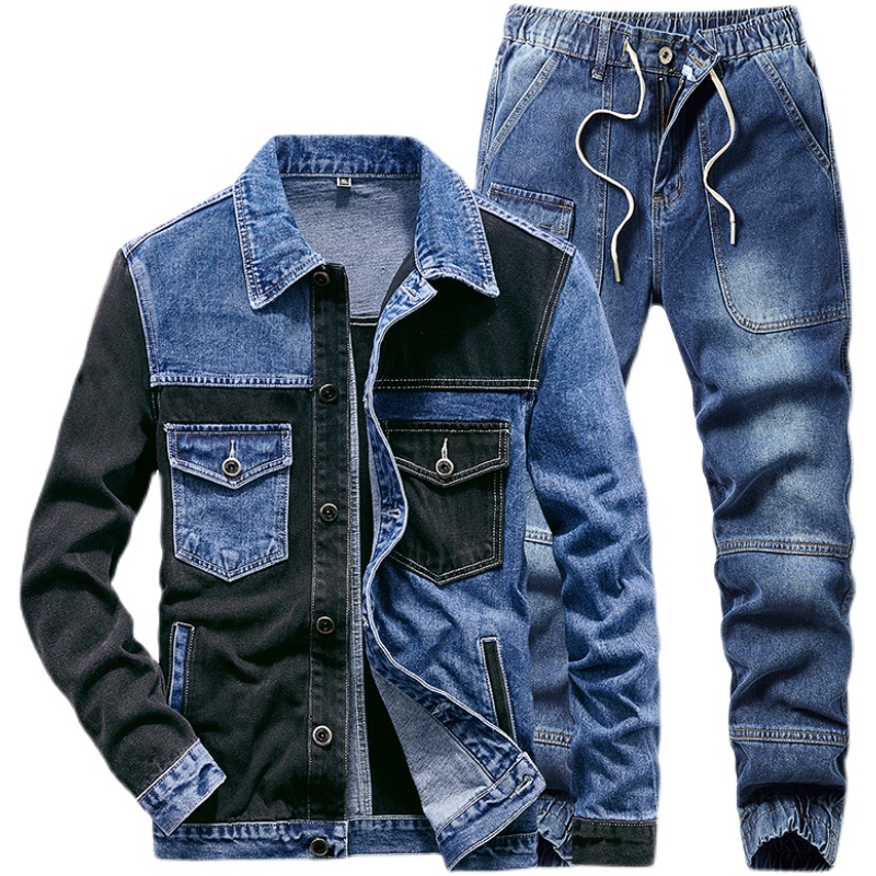 

New Men's Blue and Black Stitching Denim Jacket Jeans 2pcs Set Single Breasted Casual Coat Trousers Slim Fit Couple Denim Suit, Gray
