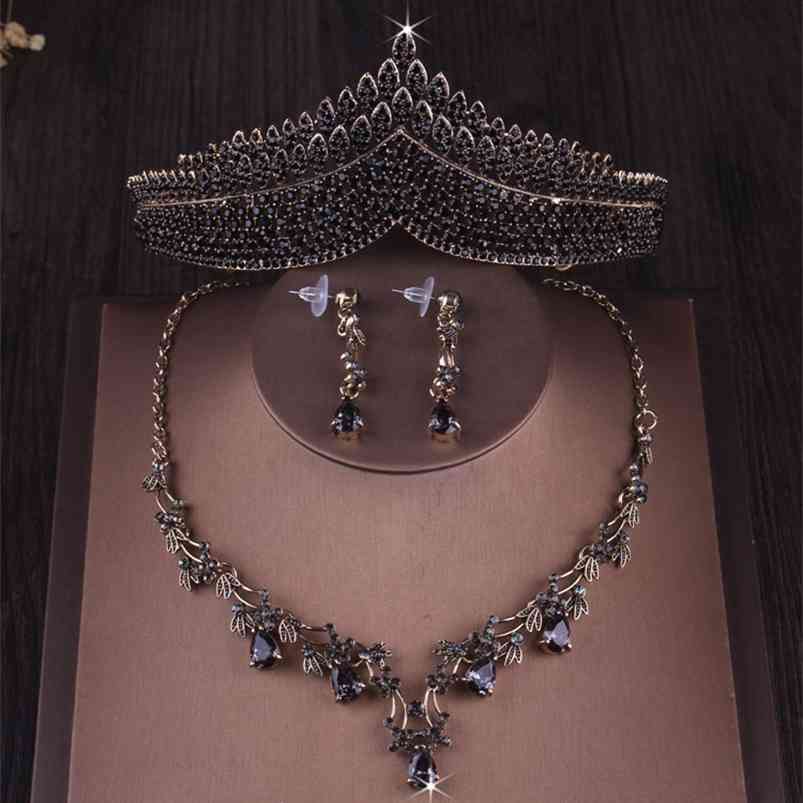 

Baroque Vintage Gold Black Crystal Heart Bridal Jewelry Sets Crown Tiaras Necklace Earrings Wedding Dubai Set 210701