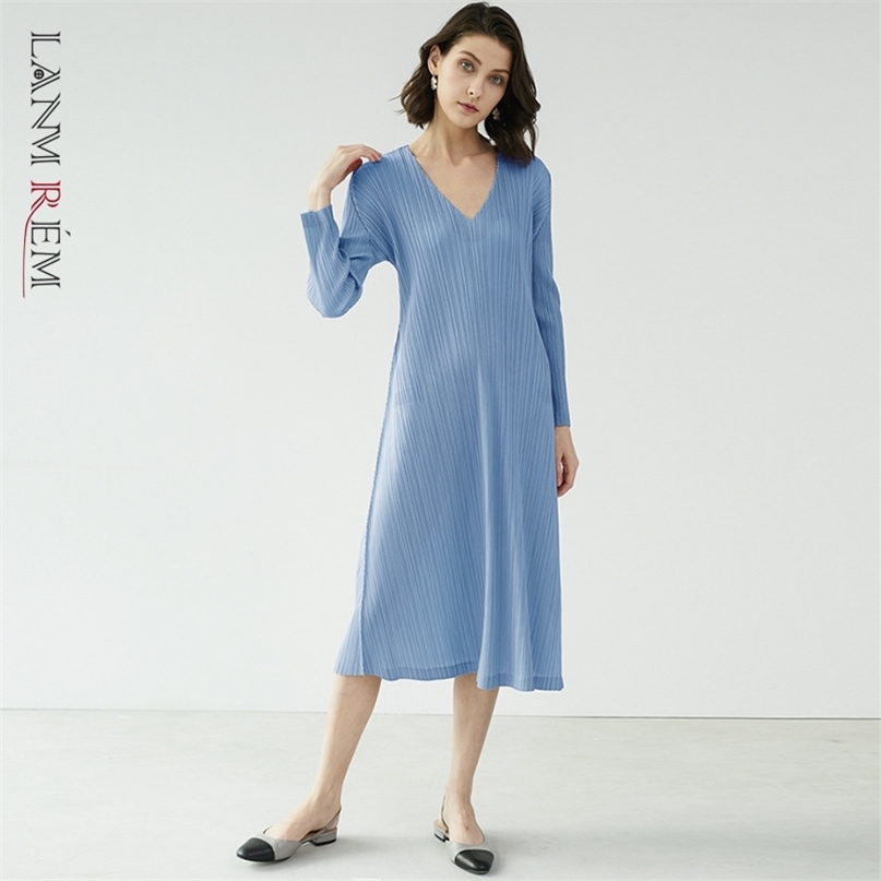 

Summer Dresses Female Fold Simple And Elegant V-neck Pleated Dress For Women Elaist Loose Clothes YJ519 210526, Pink