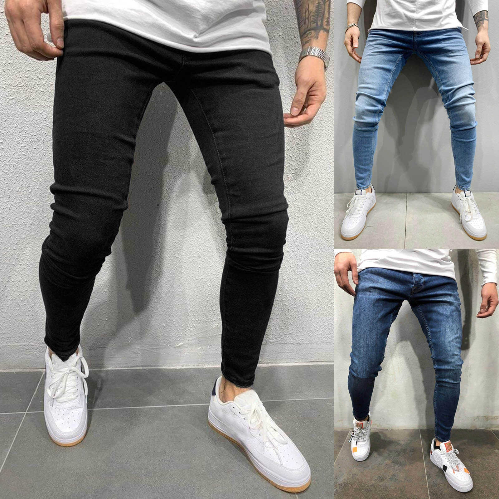 

Jeans For Men 2021 Mens Casual Fitness Solid Bodybuilding Pocket Skin Full Length Sports Pants Pantalones Vaqueros Hombre X0621, Black