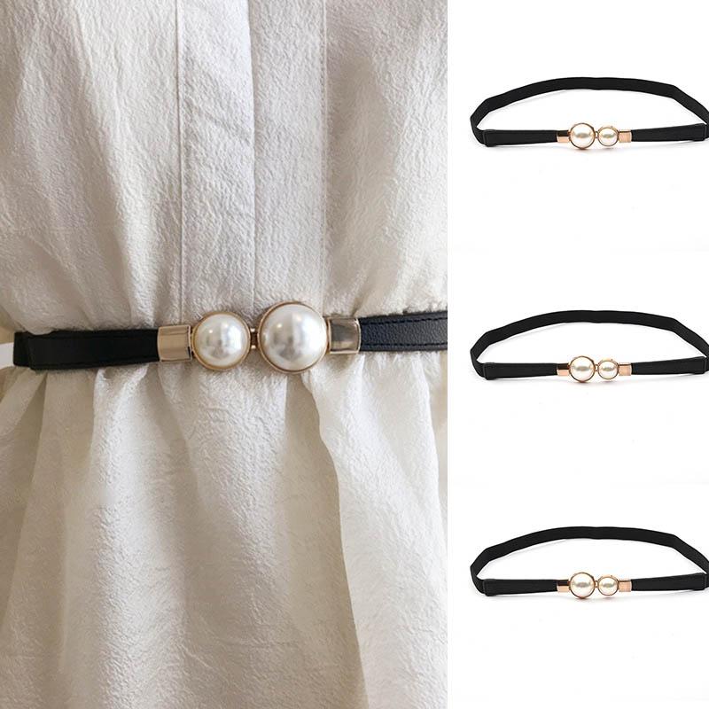 

Women Double Pearl Belt Female Black Red White Leather Dress Skirt Waist Elastic Thin Belts Ladies Designer Waistband