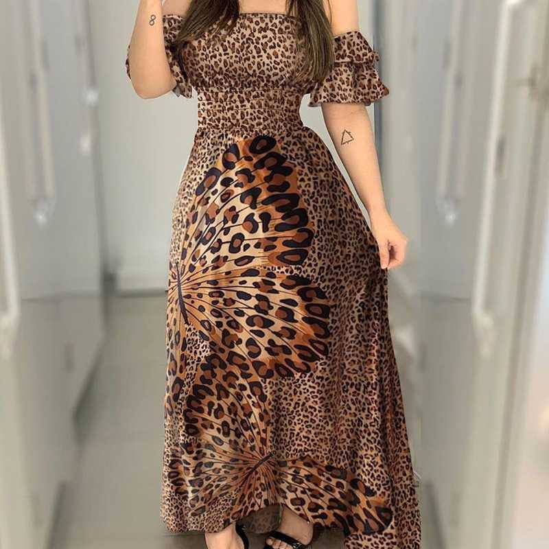 

Leopard Hight Waist Women Floor Length A-line Dresses Summer High Street Slash Neck Chest Wrapping Casual Dress 210526, Photo color