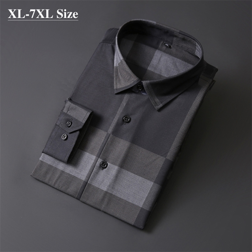 

Brand Men's Business Casual Shirts Autumn Fashion Long Sleeve Gray Plaid Loose Shirt Work Dress Plus Size 5XL 6XL 7XL 210708, Dark gray