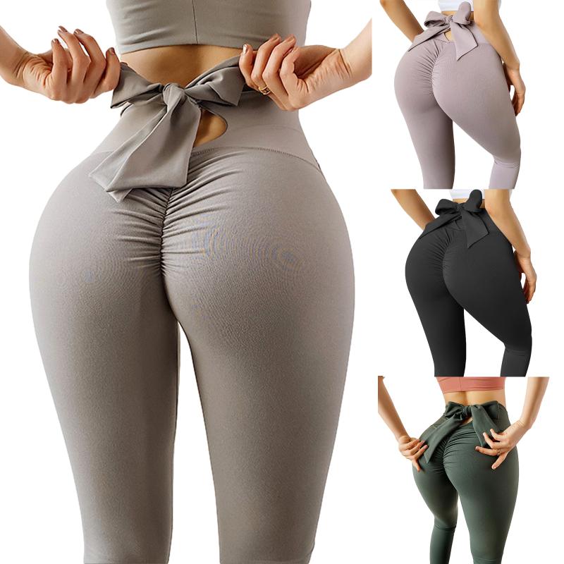 

Yoga Outfit Fashion Female Bowknot Trousers, Solid Color Elastic High Waist Pants For Summer Fall, Pink/Gray/Black/Green
