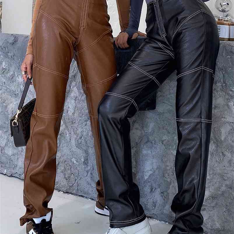 

Okuohao Womens Faux Leather High Waist Straight Pants Female Boyfriend Loose Wide Leg Trousers Black Fashion PU Clothing 210721, Coffee