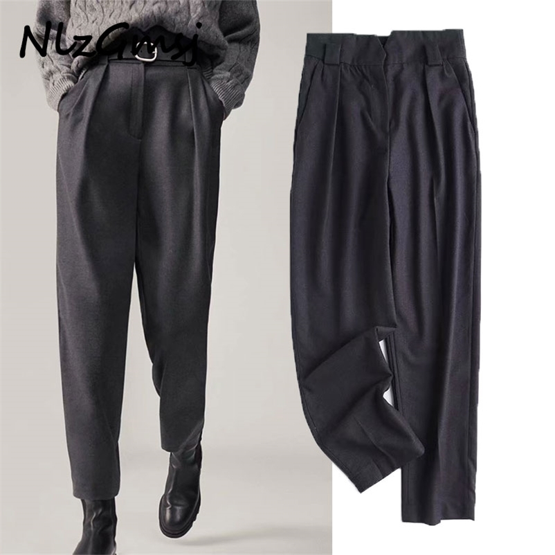 

Pant Women Office Lady Flannel High Waist Pants Ankle-Length Sashes Zipper Straight Trouser Mujer 210628, As picture