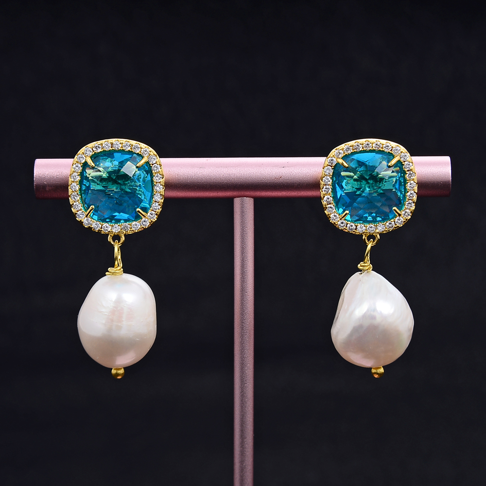 

GuaiGuai Jewelry Natural White Baroque Pearl Blue Square Cat Eye Crystal Earrings Handmade For Women Real Gems Stone Lady Fashion Jewellry