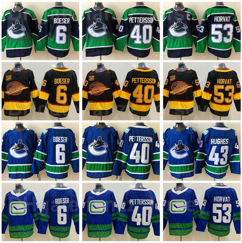 

Vancouver Canucks Jersey Reverse Retro Ice Hockey 53 Bo Horvat 6 Brock Boeser 40 Elias Pettersson 43 Quinn Hughes Vintage Blue White Black, Black;red