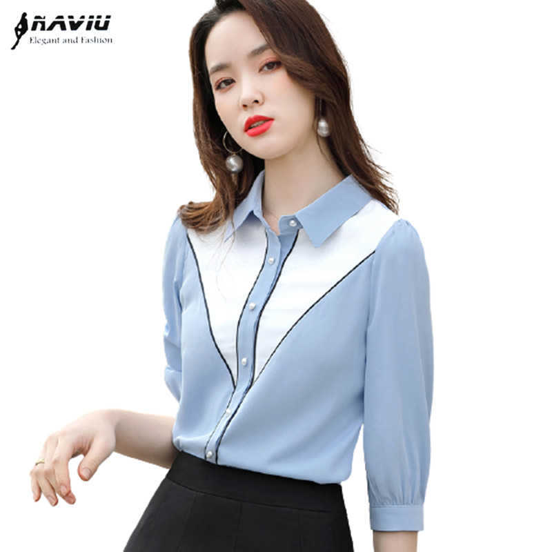 

High End Shirt Women Half Sleeve Fashion Temperament Summer Chiffon Patchwork Blouses Office Ladies Work Tops 210604, Light blue