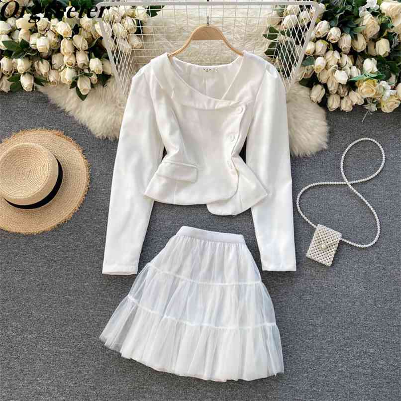 

Korean Chic Oblique collar Irregular Suit Jacket Sweet Mesh Skirt Two-piece Sets Female Elastic Waist Gauze Mini Set 210602, Long sleeve sets 1