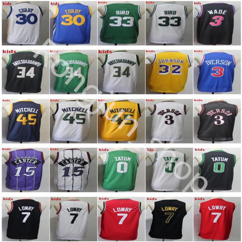

Mens Youth Basketball Donovan Mitchell Vince Carter Allen Iverson Stephen Curry Giannis Antetokounmpo Kyle Lowry 7 Dwyane 3 Wade 32 Johnson Kids Jerseys, Kid size s-xl