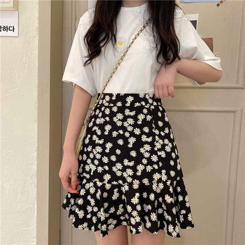 

2021 New Womens Skirt Clothing Short Skirts Spring Summer Black Floral High Waist Elastic Harajuku Vintage Loose Chiffon By74