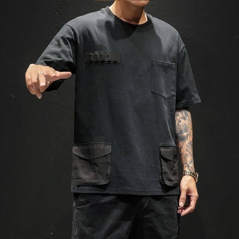 

2021 New Hip Hop T-shirt Dos Homens Bolsos Harajuku Topos De Es Dimenses Tee Japo Tshirt Streetwear Casual Slidos High Street Camisetas Meni