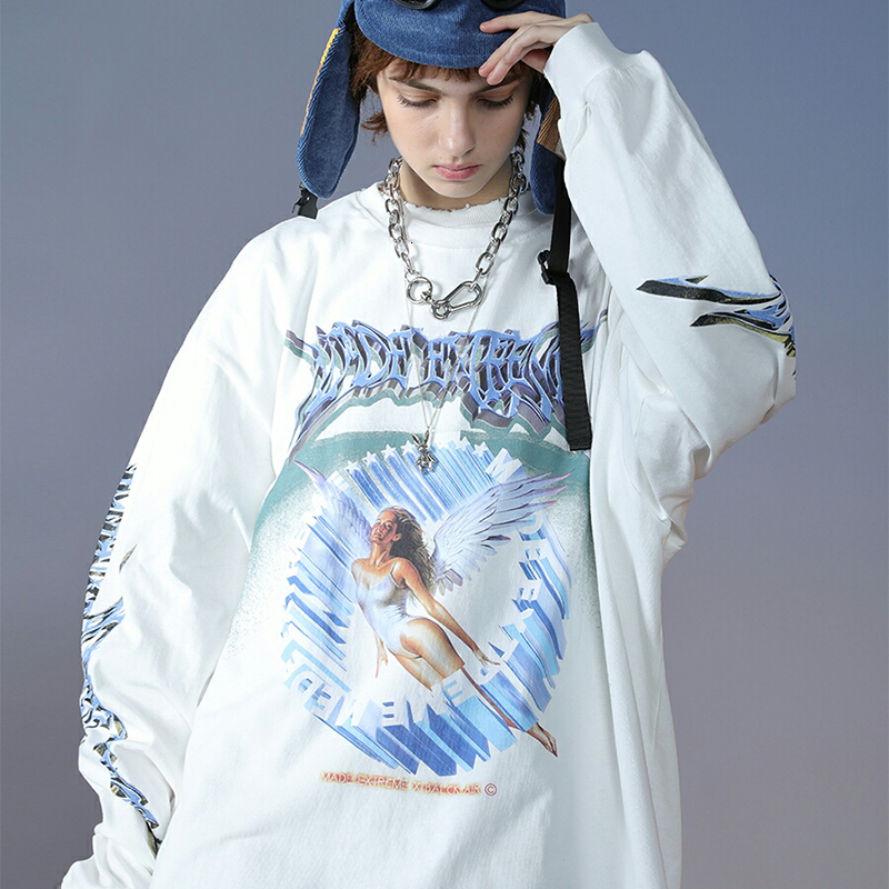 

2021 Vintage Designer Graphic Letters Angel Crewneck Sweatshirt Women Winter Thin Loose Oversized Casual Streetwear Korean Tops 5ge1